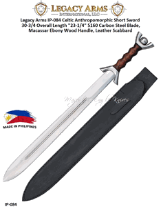 Paul Chen/Hanwei IP-084 Legacy Arms Celtic Anthropomorphic Short Sword 30-3/4 Overall Length "23-1/4" 5160 Carbon Steel Blade, Macassar Ebony Wood Handle, Leather Scabbard 