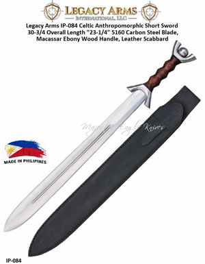 Paul Chen/Hanwei IP-084 Legacy Arms Celtic Anthropomorphic Short Sword 30-3/4 Overall Length "23-1/4" 5160 Carbon Steel Blade, Macassar Ebony Wood Handle, Leather Scabbard Paul Chen/Hanwei IP-084 Legacy Arms Celtic Anthropomorphic Short Sword 30-3/4 Overall Length "23-1/4" 5160 Carbon Steel Blade, Macassar Ebony Wood Handle, Leather Scabbard