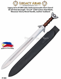 Paul Chen/Hanwei IP-084 Legacy Arms Celtic Anthropomorphic Short Sword 30-3/4 Overall Length "23-1/4" 5160 Carbon Steel Blade, Macassar Ebony Wood Handle, Leather Scabbard 