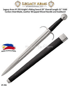 Paul Chen/Hanwei IP-705 Legacy Arms Knight's Riding Sword 29" Overall Length 21" 5160 Carbon Steel Blade, Leather Wrapped Wood Handle and Scabbard 
