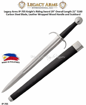 Paul Chen/Hanwei IP-705 Legacy Arms Knight's Riding Sword 29" Overall Length 21" 5160 Carbon Steel Blade, Leather Wrapped Wood Handle and Scabbard Paul Chen/Hanwei IP-705 Legacy Arms Knight's Riding Sword 29" Overall Length 21" 5160 Carbon Steel Blade, Leather Wrapped Wood Handle and Scabbard