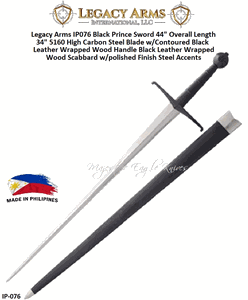 Paul Chen/Hanwei IP076 Legacy Arms Black Prince Sword 44" Overall Length 34" 5160 High Carbon Steel Blade w/Contoured Black Leather Wrapped Wood Handle Black Leather Wrapped Wood Scabbard w/polished Finish Steel Accents