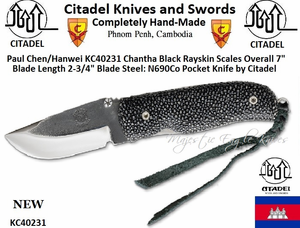 Citadel's Hand Crafted Knives KC40231 Chantha Black Rayskin Scales Overall 7" 2-3/4" Blade Length N690Co Blade Steel Pocket Knife by Citadel