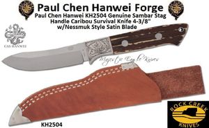 Paul Chen Hanwei KH2504 Rock Creek Full Taper Tangs Hunter Genuine Sambar Stag Handle w/4-3/8" Nessmuk Style Satin Blade Bark-Tanned Leather Sheath 