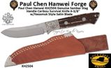 Paul Chen Hanwei KH2504 Rock Creek Full Taper Tangs Hunter Genuine Sambar Stag Handle w/4-3/8" Nessmuk Style Satin Blade Bark-Tanned Leather Sheath 