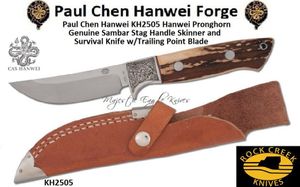Paul Chen Hanwei KH2505 Rock Creek Hanwei Pronghorn Full Taper Tangs Genuine Sambar Stag Handle Skinner and Survival Knife with Trailing Point Blade Bark-Tanned Leather Sheath