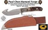 Paul Chen Hanwei KH2506 Rock Creek Full Taper Tangs Muley Genuine Sambar Stag Handle Gut Hook Fixed Blade Knife 4" Satin Blade Bark-Tanned Leather Sheath