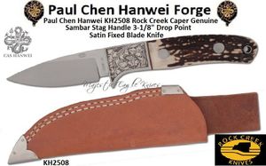 Paul Chen Hanwei KH2508 Rock Creek Full Taper Tangs Caper Genuine Sambar Stag Handle 3-1/8" Drop Point Satin Fixed Blade Knife 