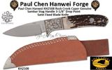 Paul Chen Hanwei KH2508 Rock Creek Full Taper Tangs Caper Genuine Sambar Stag Handle 3-1/8" Drop Point Satin Fixed Blade Knife 
