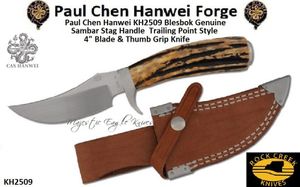 Paul Chen Hanwei KH2509 Rock Creek Blesbok Full Taper Tangs Genuine Sambar Stag Handle  Trailing Point Style 4" Blade & Thumb Grip Knife