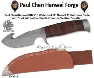 Paul Chen/Hanwei KH2516 Waterbuck 8" Overall 4" Gut Hook Blade with Stacked Leather Handle Comes w/Leather Sheath
