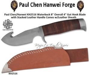 Paul Chen/Hanwei KH2516 Waterbuck 8" Overall 4" Gut Hook Blade with Stacked Leather Handle Comes w/Leather Sheath