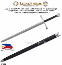 Paul Chen/Hanwei Legacy Arms IP-001 Irish Hand and Half Sword 46" Overall Length 34-1/2" 5160 Carbon Steel Blade, Leather Covered Handle Scabbard Material Wood w/Leather Wrap