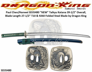 Dragon King Cutlery "NEW" SD35480 Taikyu Katana Overall 39-1/2" Blade Length 27-1/2" Forged & Folded Steel Blade T10 & 9260, Teal Japanese Silk Wrapped Tsuka by Dragon King