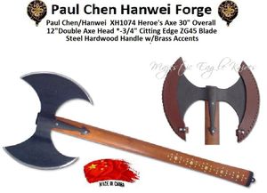 Paul Chen/Hanwei XH1074 Hero's Axe 30" Overall 12" Double Axe Head 8-3/4" Cutting Edge ZG45 Blade Steel Hardwood Handle w/Brass Accents Leather Edge Covers Included