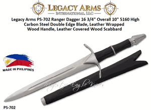 Paul Chen/Hanwei PS-702 Legacy Arms Ranger Dagger 16 3/4" Overall 10" 5160 High Carbon Steel Double Edge Blade, Leather Wrapped Wood Handle, Leather Covered Wood Scabbard 