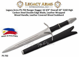 Paul Chen/Hanwei PS-702 Legacy Arms Ranger Dagger 16 3/4" Overall 10" 5160 High Carbon Steel Double Edge Blade, Leather Wrapped Wood Handle, Leather Covered Wood Scabbard Paul Chen/Hanwei PS-702 Legacy Arms Ranger Dagger 16 3/4" Overall 10" 5160 High Carbon Steel Double Edge Blade, Leather Wrapped Wood Handle, Leather Covered Wood Scabbard