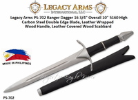 Paul Chen/Hanwei PS-702 Legacy Arms Ranger Dagger 16 3/4" Overall 10" 5160 High Carbon Steel Double Edge Blade, Leather Wrapped Wood Handle, Leather Covered Wood Scabbard 