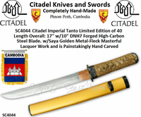 Paul Chen/Hanwei SC4044 Citadel Imperial Tanto is Completely Hand-Made! Limited Edition of 40 Length Overall: 17" w/10" DNH7 Forged High-Carbon Steel Blade. The Saya is Lacquered in a Golden Metal-Fleck and is Painstakingly Hand Carved Paul Chen/Hanwei SC4044 Citadel Imperial Tanto is Completely Hand-Made! Limited Edition of 40 Length Overall: 17" w/10" DNH7 Forged High-Carbon Steel Blade. The Saya is Lacquered in a Golden Metal-Fleck and is Painstakingly Hand Carved