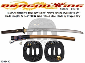 Dragon King Cutlery SD35430 Kinryu Katana #1 Overall 40-1/4" Blade Length 27-3/4" Folded Steel Blade T10 & 9260 Black Japanese Silk Wrapped Tsuka Gold Lacquered Sayaby Dragon King