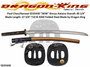 Dragon King Cutlery SD35430 Kinryu Katana #1 Overall 40-1/4" Blade Length 27-3/4" Folded Steel Blade T10 & 9260 Black Japanese Silk Wrapped Tsuka Gold Lacquered Sayaby Dragon King