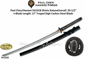 Paul Chen/Hanwei SH1018 Golden Oriole Katana Overall: 42-1/4"<>27-1/4" Blade, Hand forged high-carbon T10 steel blade, deeply lacquered blue scabbard