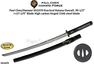 Paul Chen/Hanwei SH1070 Practical Katana Overall: 39-1/2"<>27-1/4" Blade High carbon forged 1566 steel blade