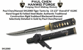Paul Chen/Hanwei SH12060 Tiger Tanto by  13-1/2" Overall 8" K120C Hand forged & Folded Steel Blade: Authentic Traditional construction Rigid Scabbard Blackened-Bronzed Iron,  Selectively Detailed in Gold by Paul Chen/Hanwei