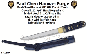 Paul Chen/Hanwei SH1209 Orchid Tanto Overall: 12-3/4�,  7-1/2� Hand forged and folded steel blade The Saya is deeply lacquered in blue, with buffalo horn koiguchi and kurikata