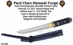 Paul Chen/Hanwei SH1209 Orchid Tanto Overall: 12-3/4“, 7-1/2“ Hand forged and folded steel blade The Saya is deeply lacquered in blue, with buffalo horn koiguchi and kurikata Paul Chen/Hanwei SH1209 Orchid Tanto Overall: 12-3/4“, 7-1/2“ Hand forged and folded steel blade The Saya is deeply lacquered in blue, with buffalo horn koiguchi and kurikata