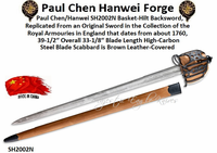 Paul Chen/Hanwei SH2002N Basket-Hilt Backsword, Replicated from an Original Sword in the Collection of the Royal Armouries in England that dates from about 1760, 39-1/2 Overall 33-1/8 Blade Length High-Carbon Steel Blade Scabbard is Brown Leather-Covered Paul Chen/Hanwei SH2002N Basket-Hilt Backsword, Replicated from an Original Sword in the Collection of the Royal Armouries in England that dates from about 1760, 39-1/2 Overall 33-1/8 Blade Length High-Carbon Steel Blade Scabbard is Brown Leather-Covered