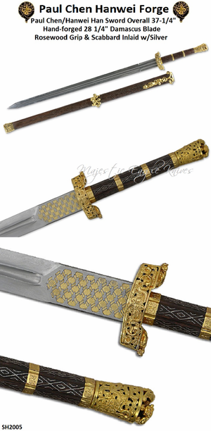 Paul Chen/Hanwei SH2005 Han Sword Overall 37 1/4"  Hand-forged 28 1/4" Damascus Blade  Rosewood Grip & Scabbard Inlaid w/Silver