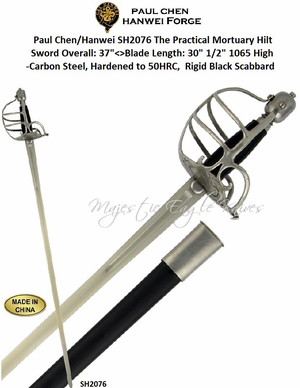 Paul Chen/Hanwei SH2076 The Practical Mortuary Hilt Sword is Built for the Reenactor 37" Overall, Blade Length 30-1/2" 1065 High-Carbon Steel, Hardened to 50HRC the Blade is Unsharpened, The Grip of the Mortuary-Hilt is Leather-Covered, as is the Scabbard Paul Chen/Hanwei SH2076 The Practical Mortuary Hilt Sword is Built for the Reenactor 37" Overall, Blade Length 30-1/2" 1065 High-Carbon Steel, Hardened to 50HRC the Blade is Unsharpened, The Grip of the Mortuary-Hilt is Leather-Covered, as is the Scabbard