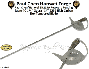 Paul Chen/Hanwei SH2199 Pecoraro Fencing Sabre 40-1/4" Overall 34" 9260 High-Carbon Flex-Tempered Blade