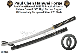 Paul Chen/Hanwei SH2376 Practical Special Katana Overall: 39"<>27" Blade High carbon forged 1566 steel blade 
