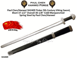 Paul Chen/Hanwei SH2409 Michael 'Tinker' Pearce designed This 9th Century Viking Sword made by Hanwei in 5160 Steel, Sparring (blunt) Version Overall Length: 37-3/8" Blade Length: 30 7/8" Comes w/Leather Covered Wood Scabbard