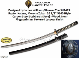 Paul Chen/Hanwei SH2413 Designed by James Williams/Hanwei The Raptor Katana, Moroha Zukuri 26 1/2" 5160 High-Carbon Steel Scabbards (Saya) - Wood, Non-Fingerprinting Textured Lacquer Finish
