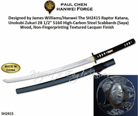 Paul Chen/Hanwei SH2415 Designed by James Williams/Hanwei The Raptor Katana, Unokubi Zukuri 28 1/2" 5160 High-Carbon Steel Scabbards (Saya) Wood, Non-Fingerprinting Textured Lacquer Finish