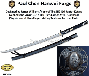 Paul Chen/Hanwei SH2416 Designed by James Williams/Hanwei The SH2416 Raptor Katana, Nanbokucho Zukuri 30" 5160 High-Carbon Steel Scabbards (Saya) - Wood, Non-Fingerprinting Textured Lacquer Finish