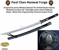 Paul Chen/Hanwei SH2416 Designed by James Williams/Hanwei The SH2416 Raptor Katana, Nanbokucho Zukuri 30" 5160 High-Carbon Steel Scabbards (Saya) - Wood, Non-Fingerprinting Textured Lacquer Finish