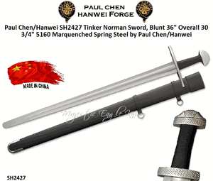 Paul Chen/Hanwei SH2427 Michael 'Tinker' Pearce Designed This Medieval Practice Sword Tinker Norman Sword Blunt Overall: 36" Blade Length: 30-3/4" 5160 Marquenched Spring Steel Comes w/Leather Covered Wood Scabbard