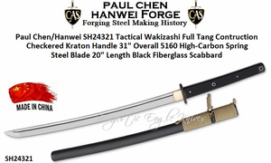Paul Chen/Hanwei SH24321 Tactical Wakizashi Full Tang Construction Checkered Kraton Handle 31" Overall 5160 High-Carbon Spring Steel Blade 20" Length Black Fiberglass Scabbard 