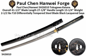 Paul Chen/Hanwei SH26010 Tokugawa Katana Overall: 41-1/2", 27 1/2" T10 Differentially Tempered Blade Black Lacquered Saya Paul Chen/Hanwei SH26010 Tokugawa Katana Overall: 41-1/2", 27 1/2" T10 Differentially Tempered Blade Black Lacquered Saya
