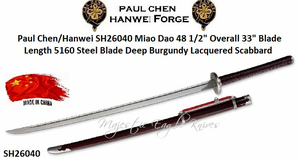 Paul Chen/Hanwei SH26040 Miao Dao 48 1/2" Overall 33" Blade Length 5160 Steel Blade Deep Burgundy Lacquered Scabbard