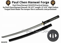 Paul Chen/Hanwei SH1070 Practical Katana Overall: 39 1/2" Blade Length: 27 1/4" Handle Length: 1/4" Weight: 2lb 6oz Blade Steel: 1566 High Carbon Forged Blade Paul Chen/Hanwei SH1070 Practical Katana Overall: 39 1/2" Blade Length: 27 1/4" Handle Length: 1/4" Weight: 2lb 6oz Blade Steel: 1566 High Carbon Forged Blade