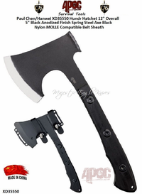Paul Chen/Hanwei XD35550 Hundr Hatchet 12" Overall 5" Black Anodized Finish Spring Steel Axe Black Nylon MOLLE Compatible Belt Sheath Paul Chen/Hanwei XD35550 Hundr Hatchet 12" Overall 5" Black Anodized Finish Spring Steel Axe Black Nylon MOLLE Compatible Belt Sheath