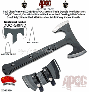 Paul Chen/Hanwei XD35560 APOC Survival Tools Double Mukk Hatchet 11-3/4" Overall, Duo-Grind Blade Black Anodized Coating 9260 Carbon Steel 5-1/2 Blade Black G10 Handles, Multi Carry Kydex Sheath 