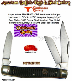 Roper Knives ABKRP0001CBR Traditional Ash Viper Stockman 2-1/2" Clip 1-7/8" Sheepfoot Coping 1-3/4" Pen, Blades, 1065 Carbon Steel Standard Edge Nickel Silver Bolsters, Inlay Shield with Black Bone Handle Roper Knives ABKRP0001CBR Traditional Ash Viper Stockman 2-1/2" Clip 1-7/8" Sheepfoot Coping 1-3/4" Pen, Blades, 1065 Carbon Steel Standard Edge Nickel Silver Bolsters, Inlay Shield with Black Bone Handle