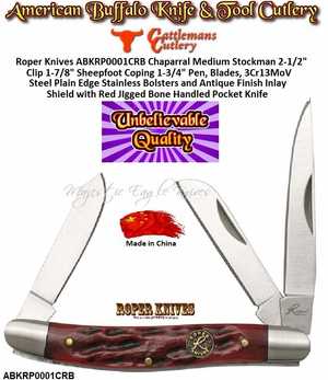 Roper Knives ABKRP0001CRB Chaparral Medium Stockman 2-1/2" Clip 1-7/8" Sheepfoot Coping 1-3/4" Pen, Blades, Stainless Steel Plain Edge Stainless Bolsters and Antique Finish Inlay Shield with Red JIgged Bone Handles Pocket Knife Roper Knives ABKRP0001CRB Chaparral Medium Stockman 2-1/2" Clip 1-7/8" Sheepfoot Coping 1-3/4" Pen, Blades, Stainless Steel Plain Edge Stainless Bolsters and Antique Finish Inlay Shield with Red JIgged Bone Handles Pocket Knife