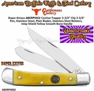 Roper Knives ABKRP0002 Cochise Trapper 3-3/4" Clip 3-3/4" Pen, Stainless Steel, Plain Blades, Stainless Steel Bolsters, Inlay Shield Yellow Smooth Bone Handle Roper Knives ABKRP0002 Cochise Trapper 3-3/4" Clip 3-3/4" Pen, Stainless Steel, Plain Blades, Stainless Steel Bolsters, Inlay Shield Yellow Smooth Bone Handle